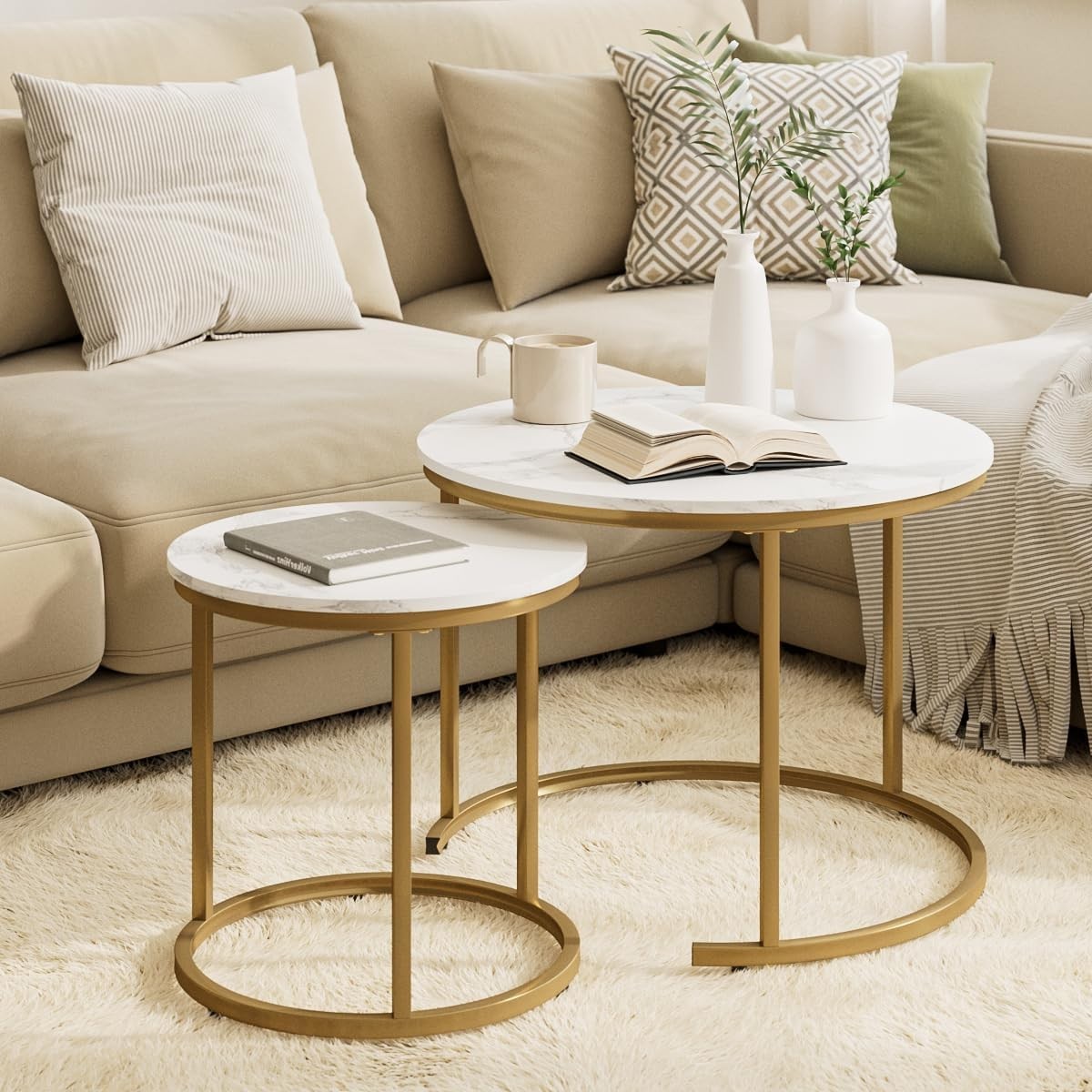 Round Nesting Coffee Tables Set of 2 – Grey Top Black Frame, Space- Gold