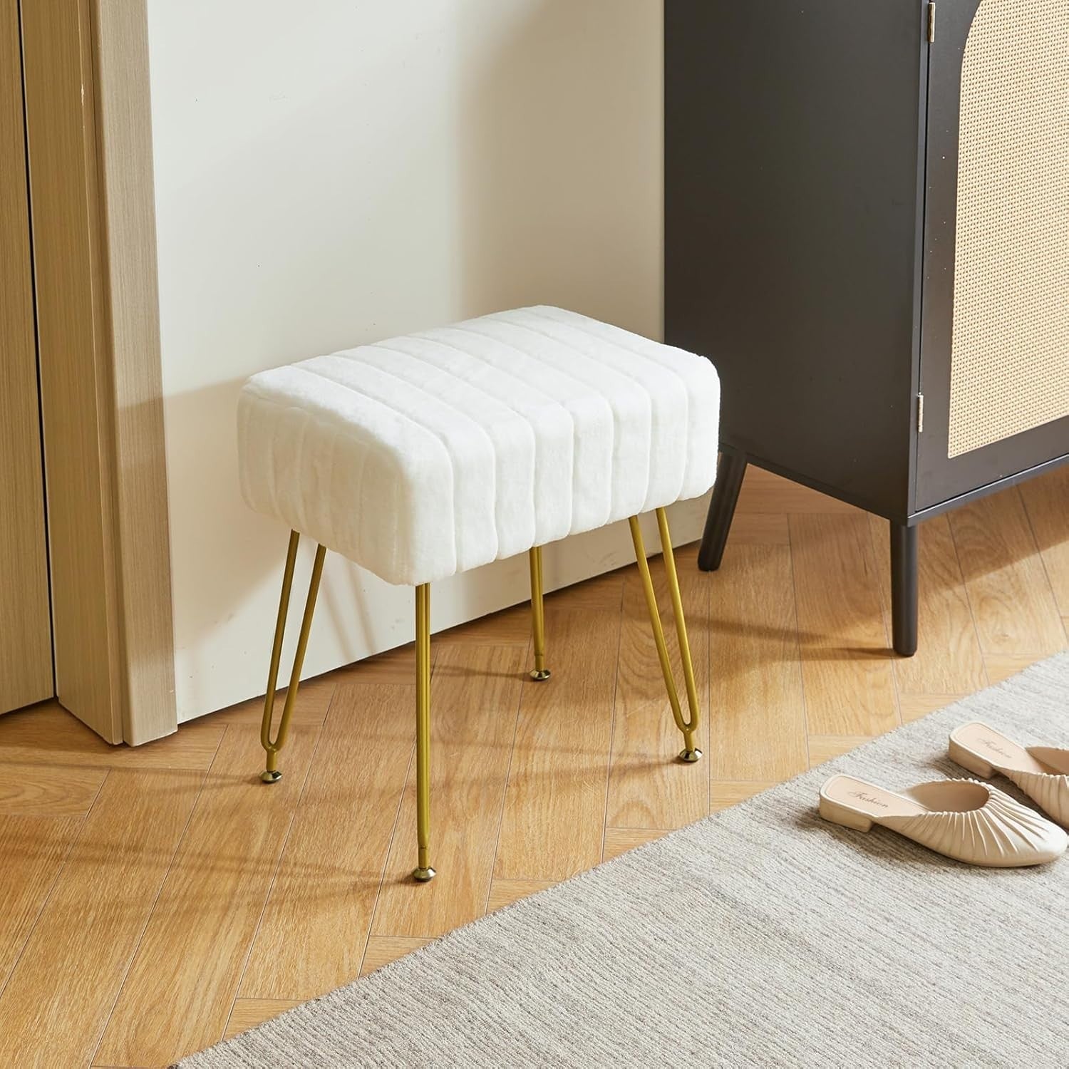 White Velvet Rectangular Footrest Ottoman – Vanity Stool with Gold Legs