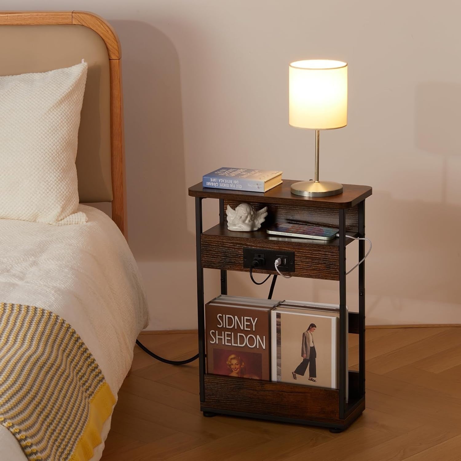Slim Bedside Table with USB Charging Ports & Storage, Rustic Brown 55cm
