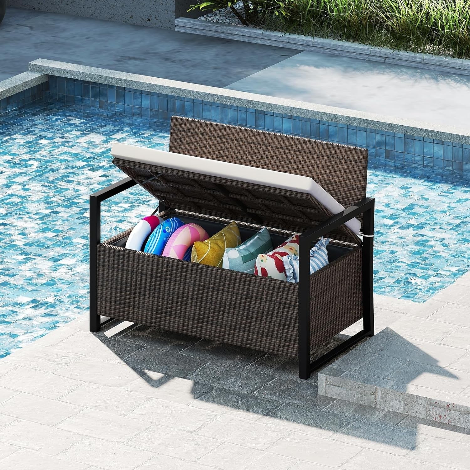 Outdoor 2-Seater PE Rattan Storage Bench with 150L Box & Padded Cushion