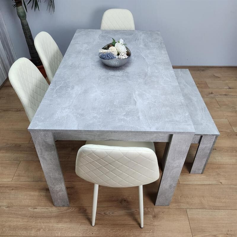 6 Seater Grey Dining Table Set with Cream Leather Chairs & Bench Oak Look
