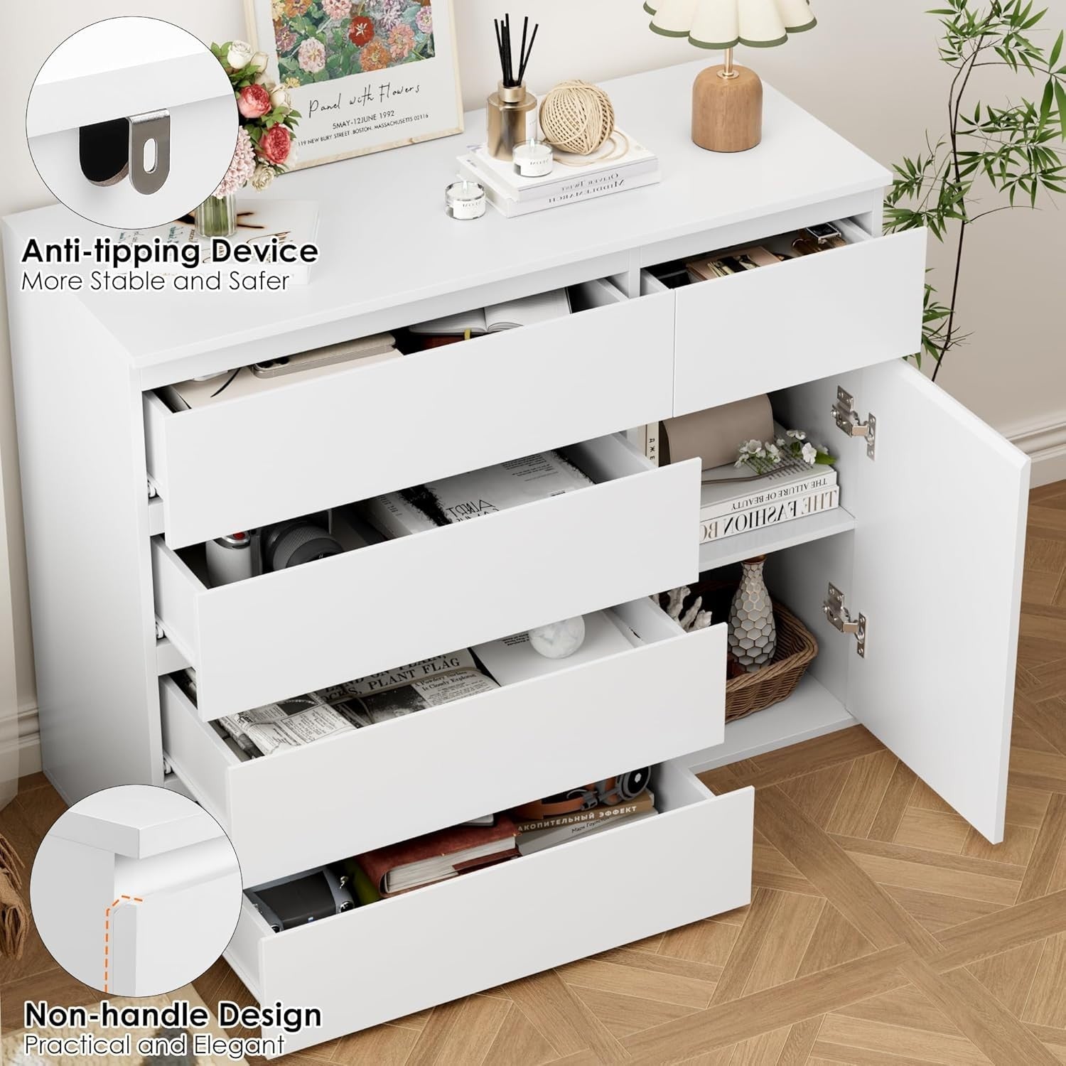 White 5 Drawer Chest of Drawers Storage Cabinet Large Sideboard Bedroom