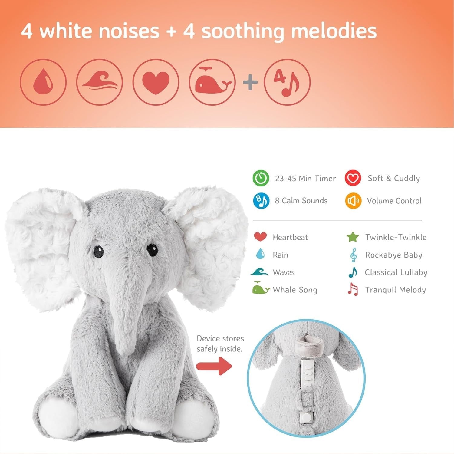 Elliot Elephant Baby Plush White Noise Machine 8 Soothing Sounds