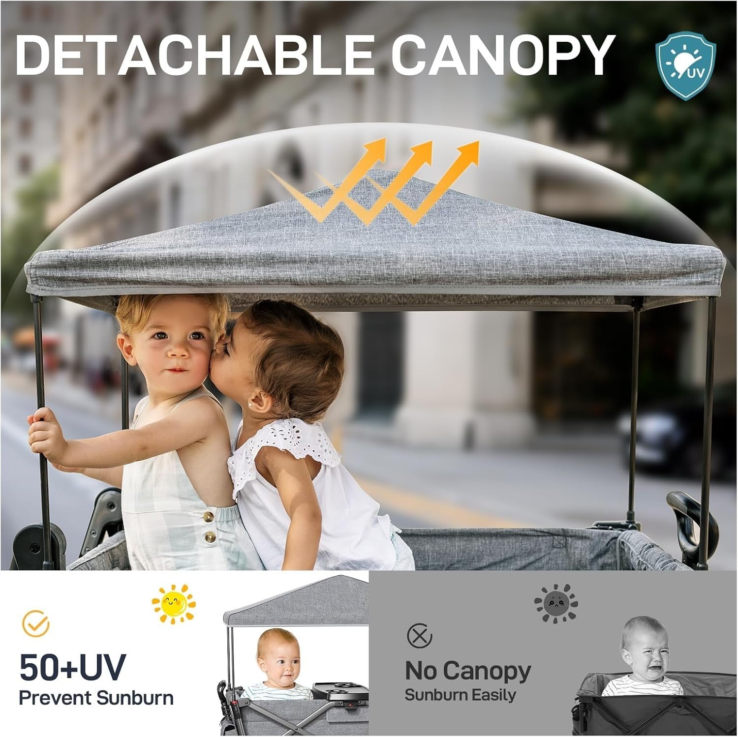 Stroller Wagon for 2 Kids with Seats & Canopy – Push Pull Cart w/ Harnesses
