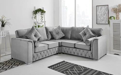 Plush Velvet Silver Corner Sofa 5-Seater, Foam Cushions, Chrome Feet, L-Shape