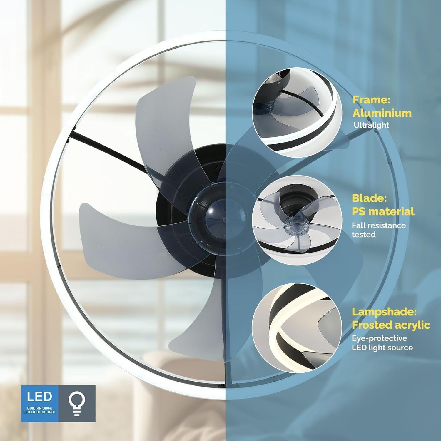 20" Ceiling Fan Light, 6 Speeds, Reversible, Smart Dimmable LED, App, Remote