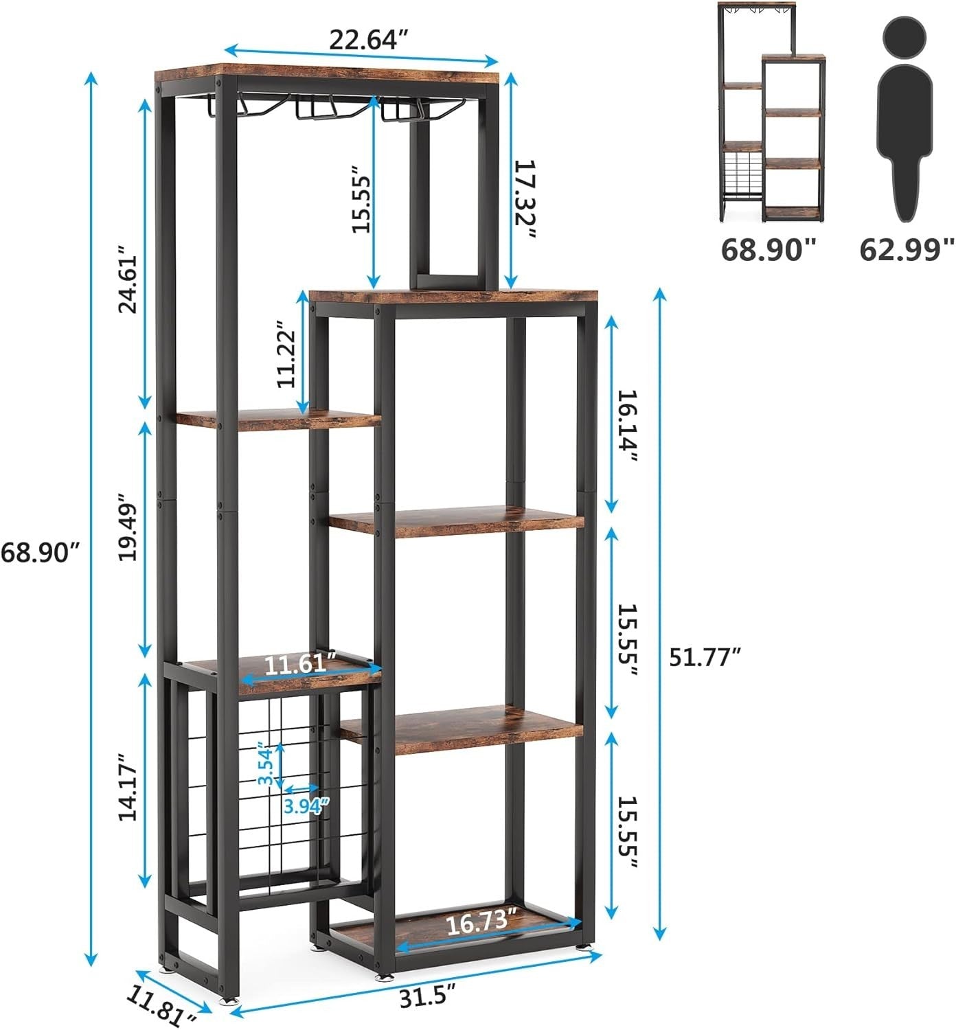 5-Tier Wine Rack Shelf with Glass Holder & Storage, Rustic