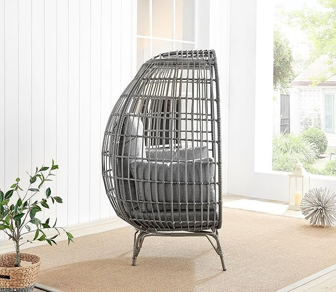 Luxury Grey Rattan Egg Chair Outdoor Indoor Seat w/ Thick Cushions Garden