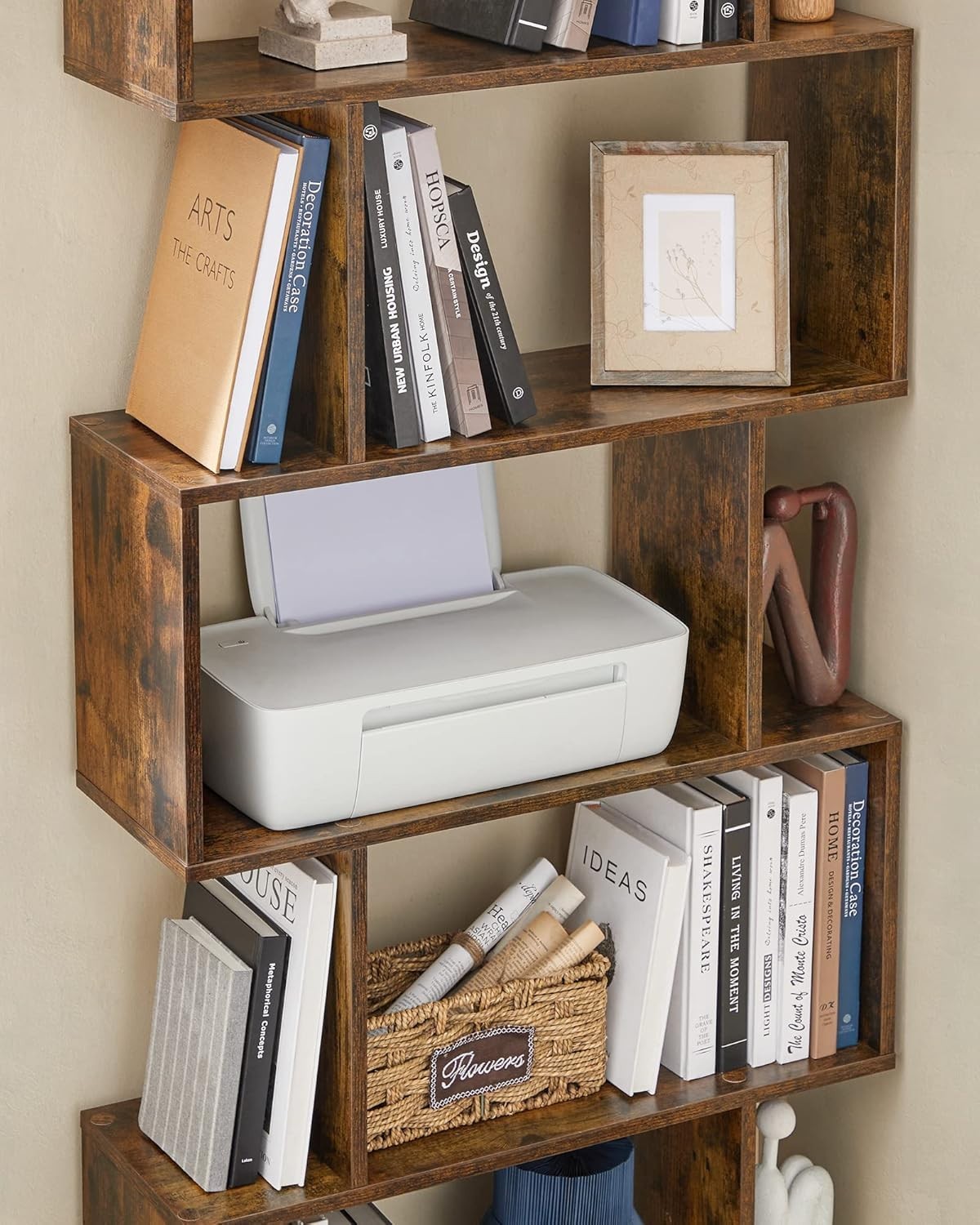 6 Tier Rustic Brown Bookcase S-Shaped Storage Shelf Room Divider 70x24x191cm