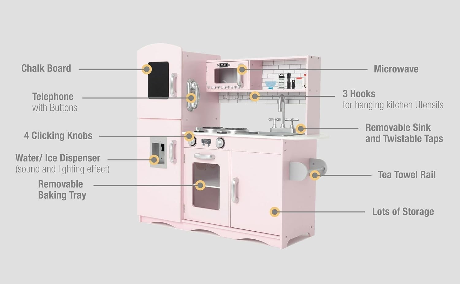 Large Wooden Kids Play Kitchen Pink Toy Set Lights Sounds Accessories