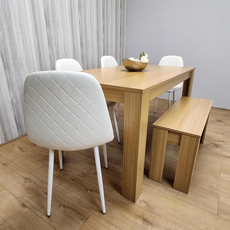 Oak Dining Table Set with 4 White Faux Leather Chairs & Bench, 6 Seater