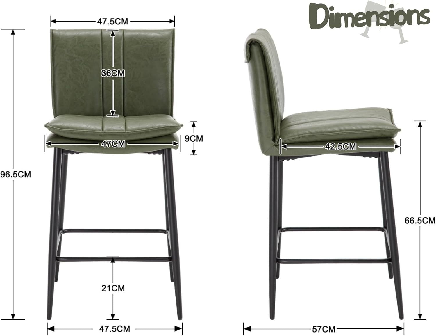 Modern Bar Stools Set of 2 PU Leather Counter Height Kitchen Chairs