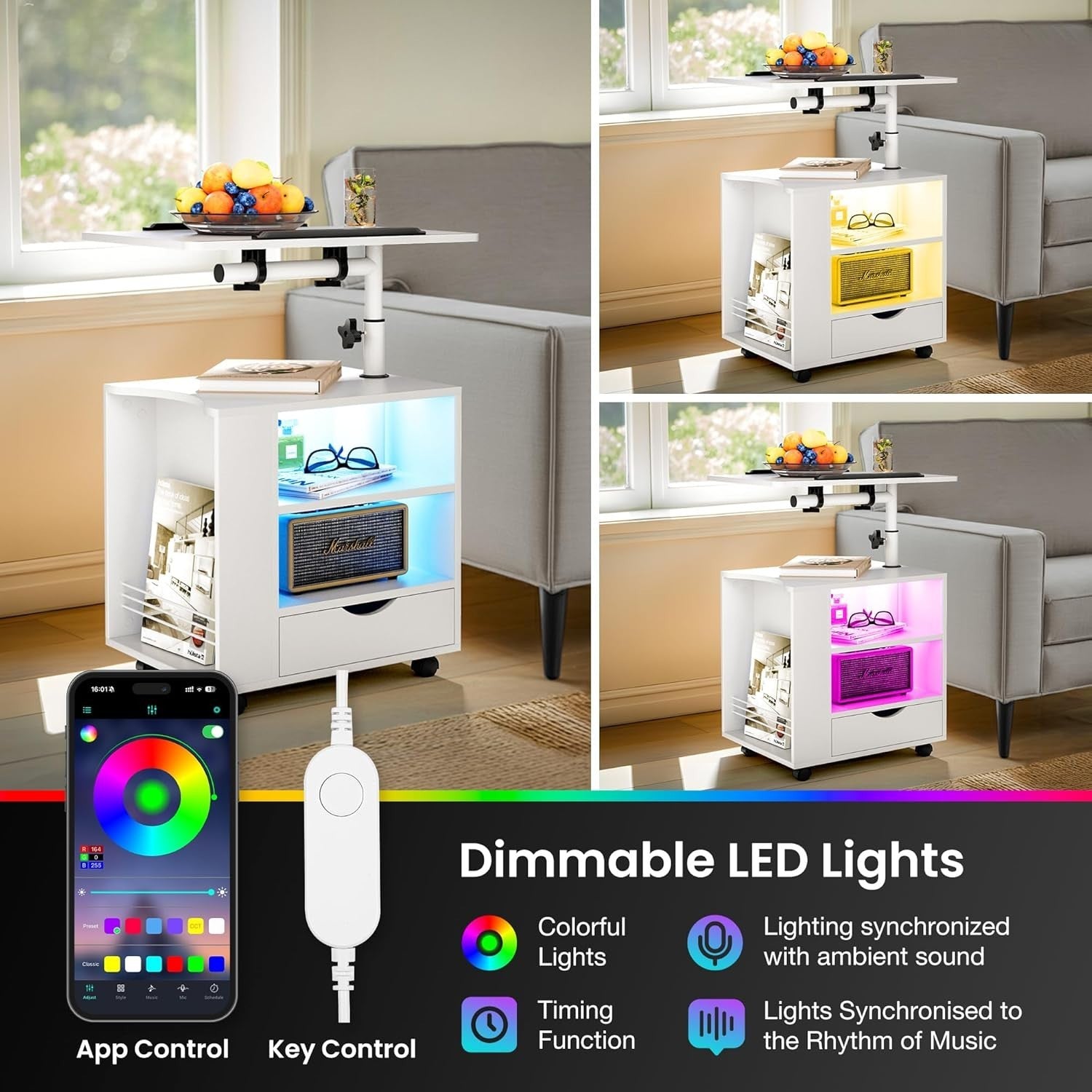 White LED Bedside Table with Adjustable Laptop Stand – Smart Nightstand