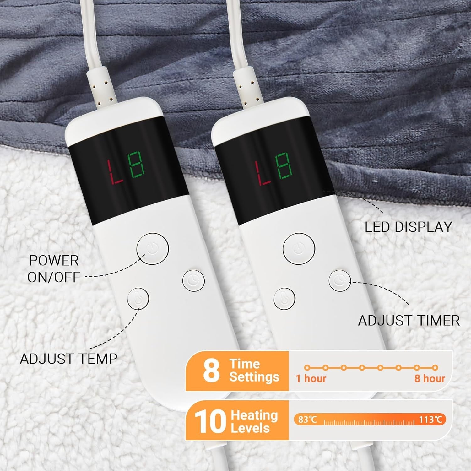 Electric Heated Blanket 130x160cm Sherpa Fleece 10 Heat Settings Timer