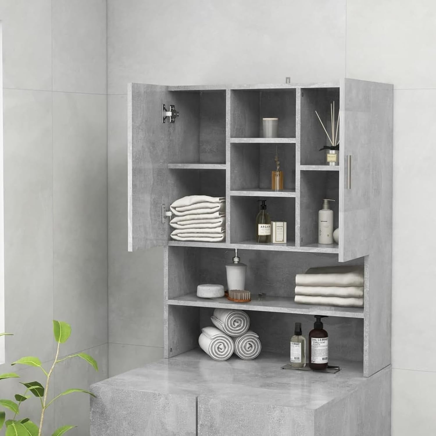 Concrete Grey Washing Machine Cabinet Tall Laundry Storage Unit with Shelves & D