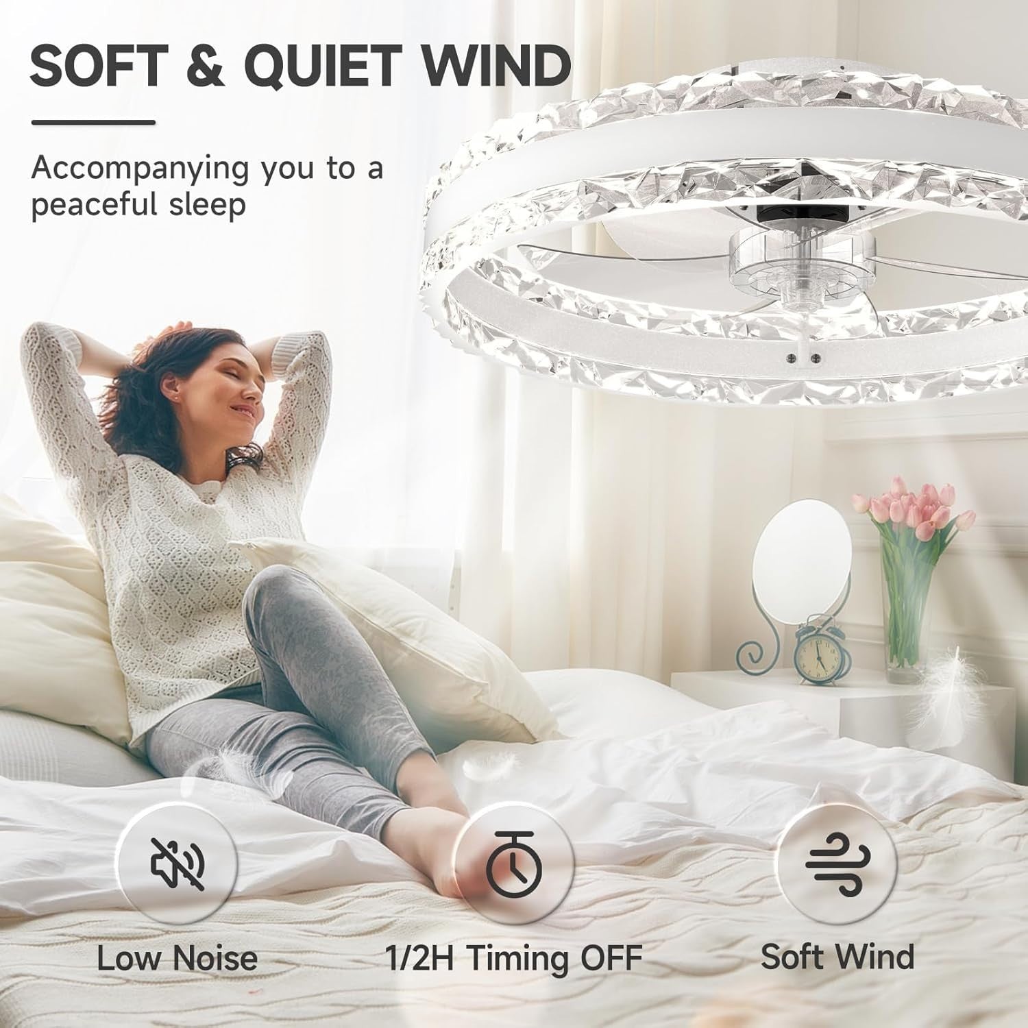 60CM Smart LED Ceiling Fan, 6 Speeds, Dimmable 3000-6500K, White, Remote