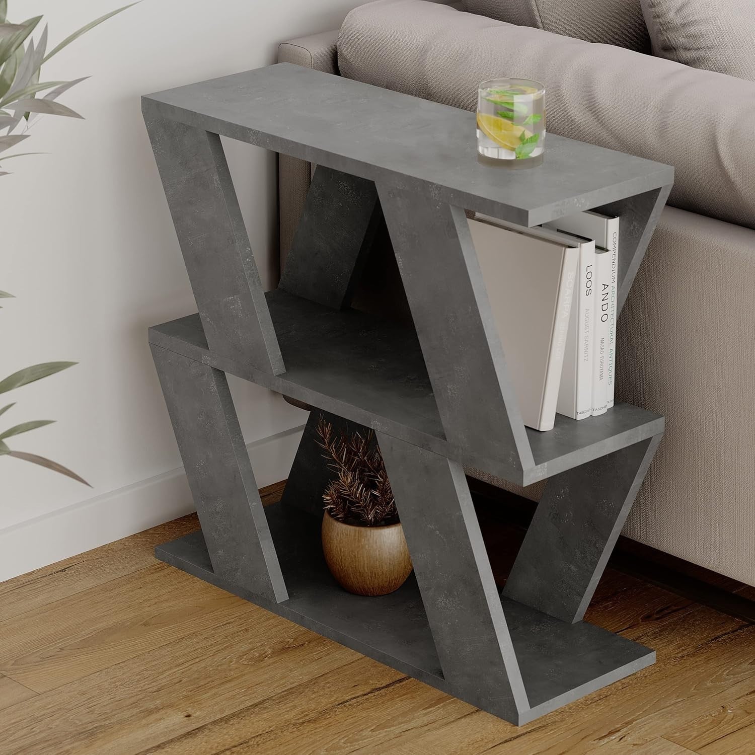 Slim 2 Tier Narrow Side Table with Storage | Grey Modern End Table 60cm