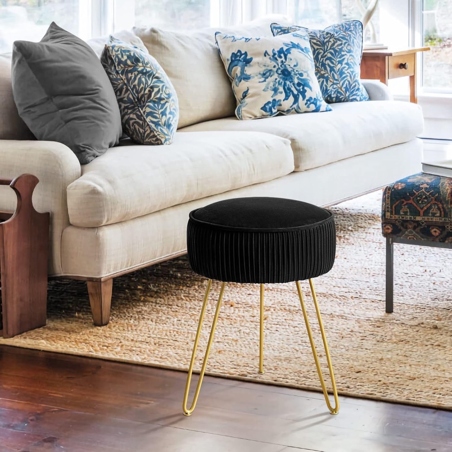 Black Velvet Pleated Vanity Stool Round Ottoman with Gold Metal Legs