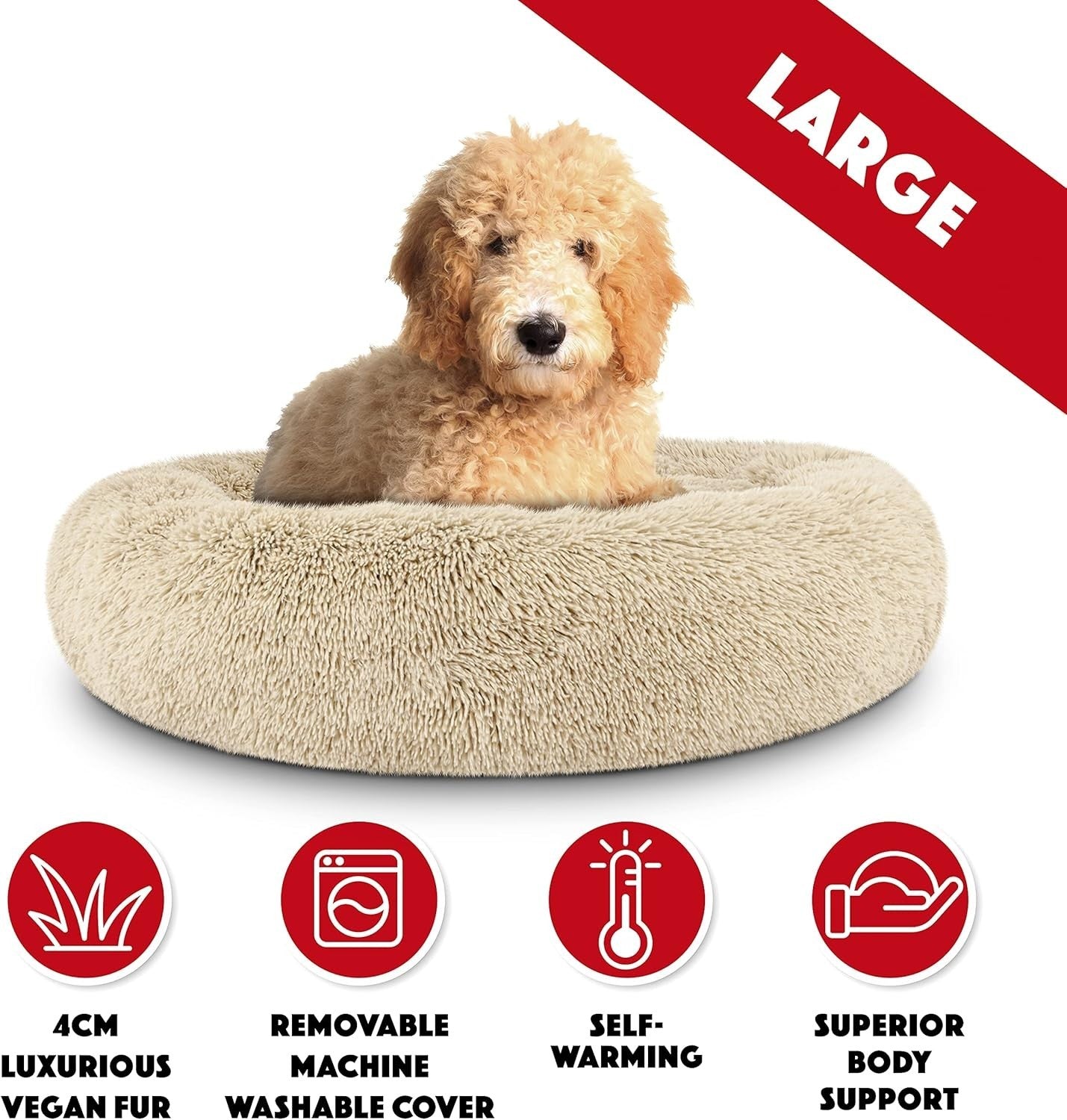 Large Plush Donut Dog Bed 91cm Calming Round Nest Washable