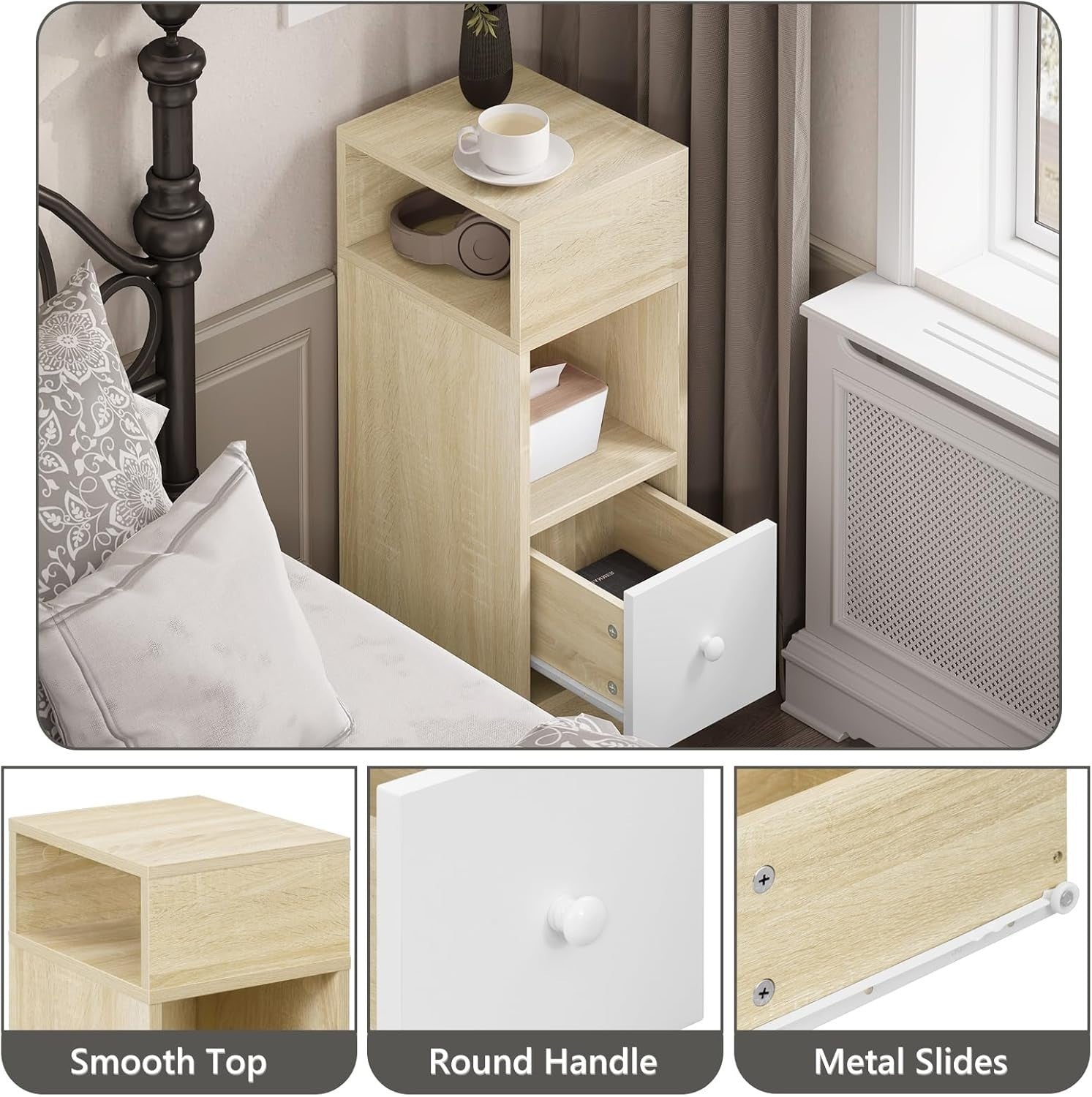 Set of 2 Light Oak Slim Bedside Tables with Drawer & Shelves 25x30x66cm