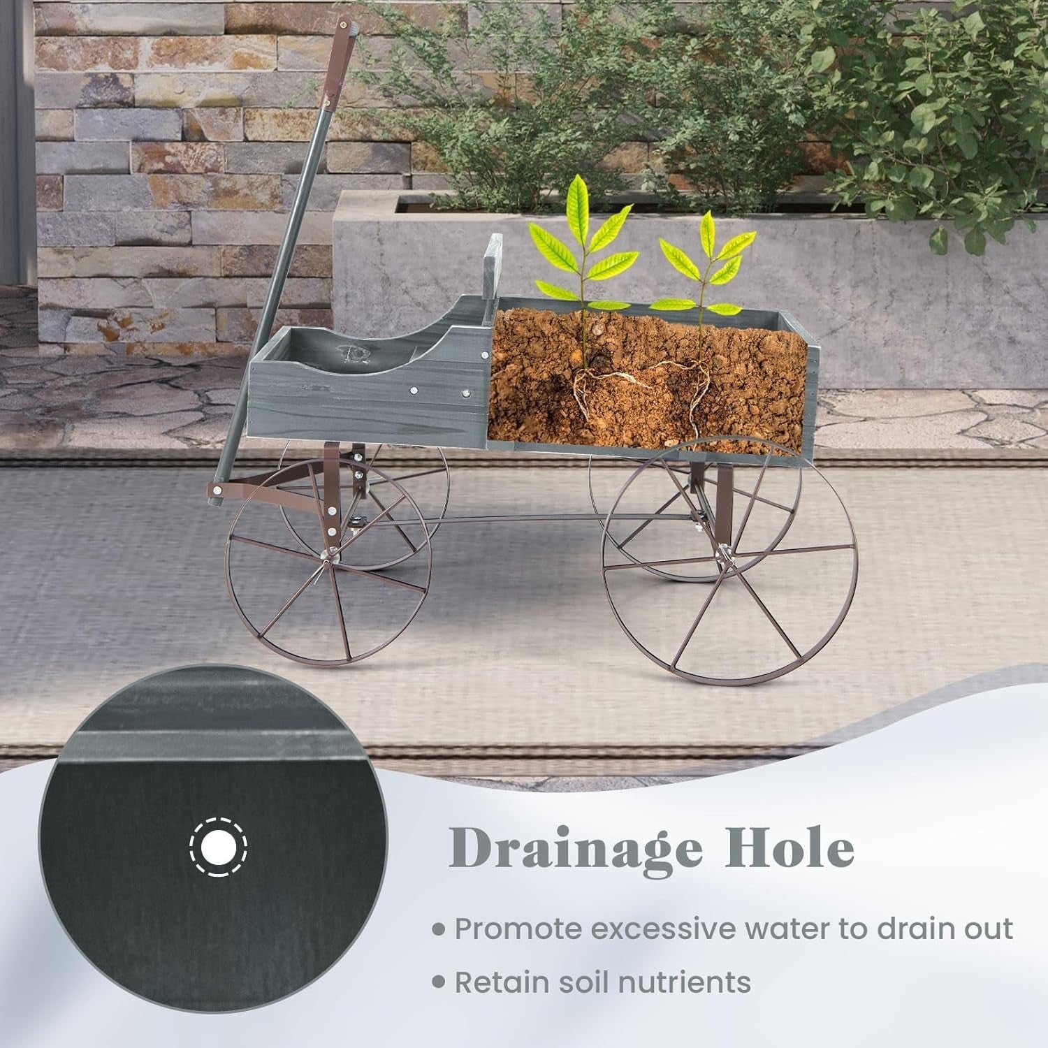 Grey Wooden Garden Wagon Planter Rustic Flower Pot Stand w/ Handle & Wheels