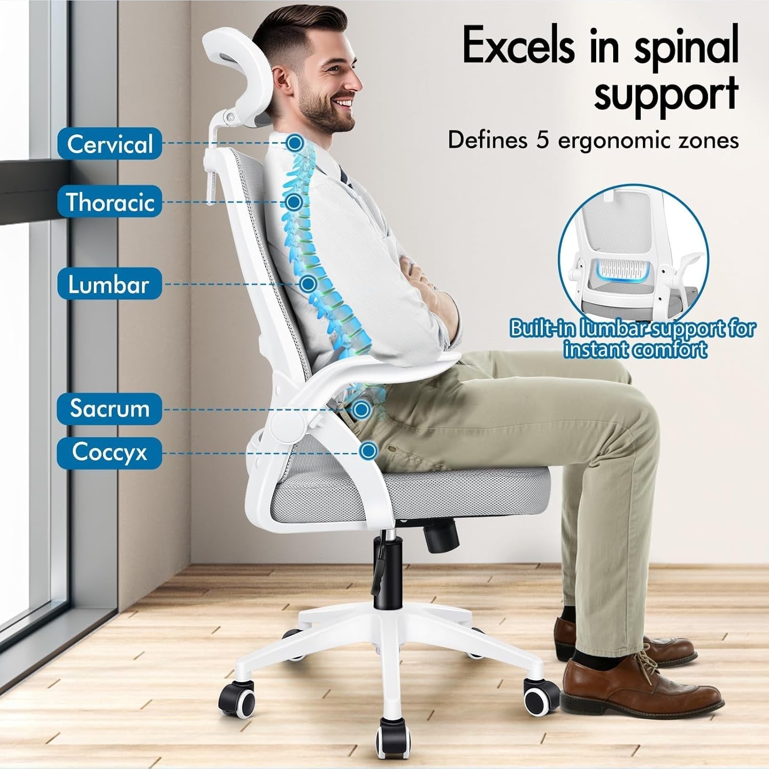 Ergonomic Mesh Office Chair, High Back Desk Chair, Flip Arm, Headrest, 180KG Max