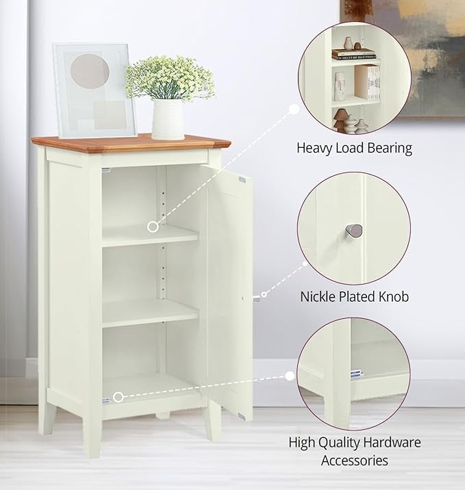 Off White Wooden Storage Cabinet 1 Door Small Cupboard with Oak Top Shelves