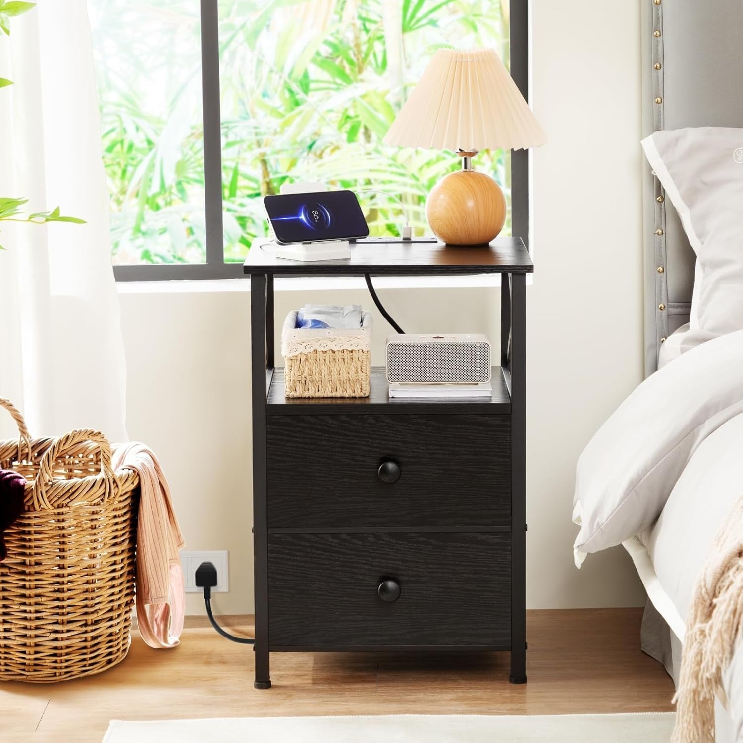 Set of 2 Black Bedside Tables with USB Charging Ports & Fabric Drawers