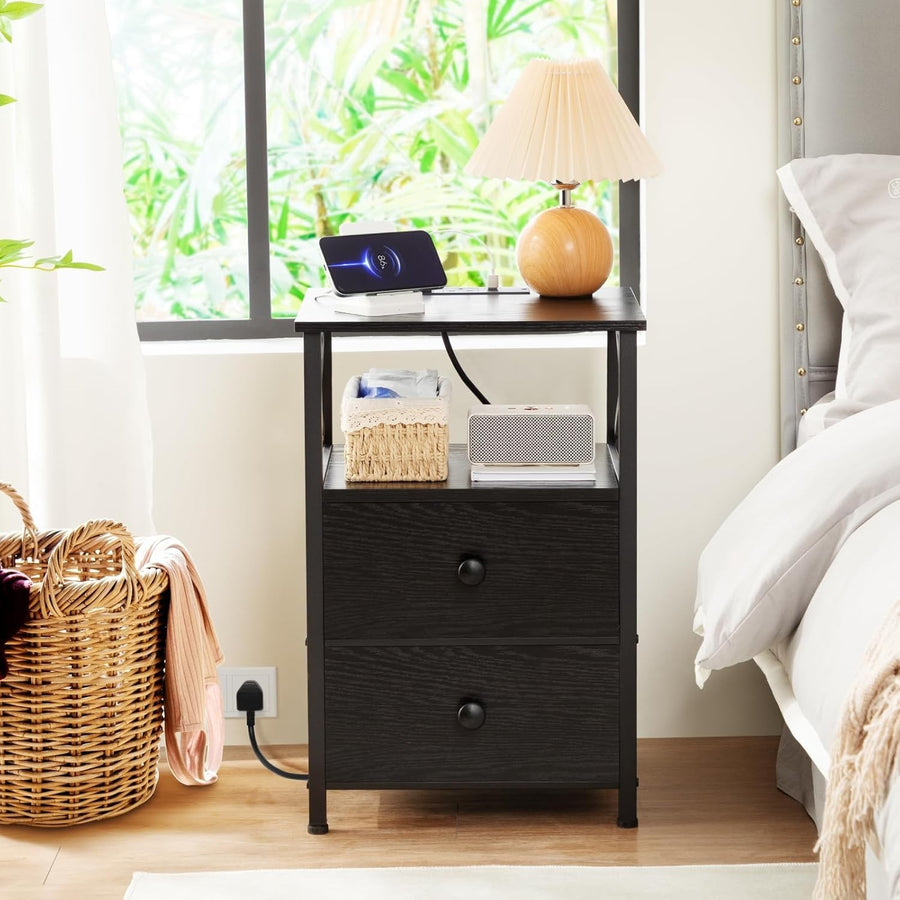 Set of 2 Black Bedside Tables with USB Charging Ports & Fabric Drawers