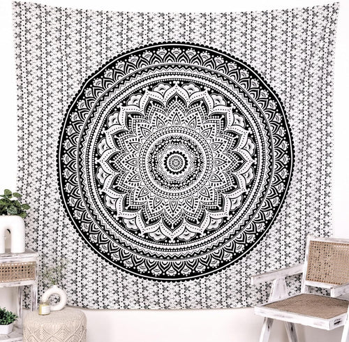 Black King-Size Mandala Cotton Tapestry 230x274cm Boho Decor