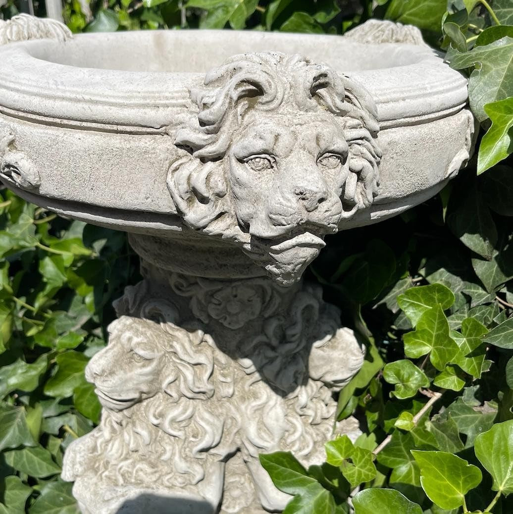 Regal Stone Bird Bath Statue Three Lions Cast Garden Ornament Outdoor