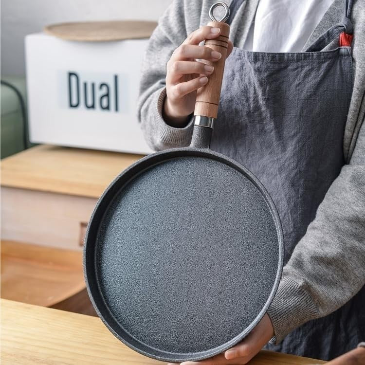 26cm Cast Iron Crepe Pan, Heavy Duty Non Stick Griddle with Wooden Handle