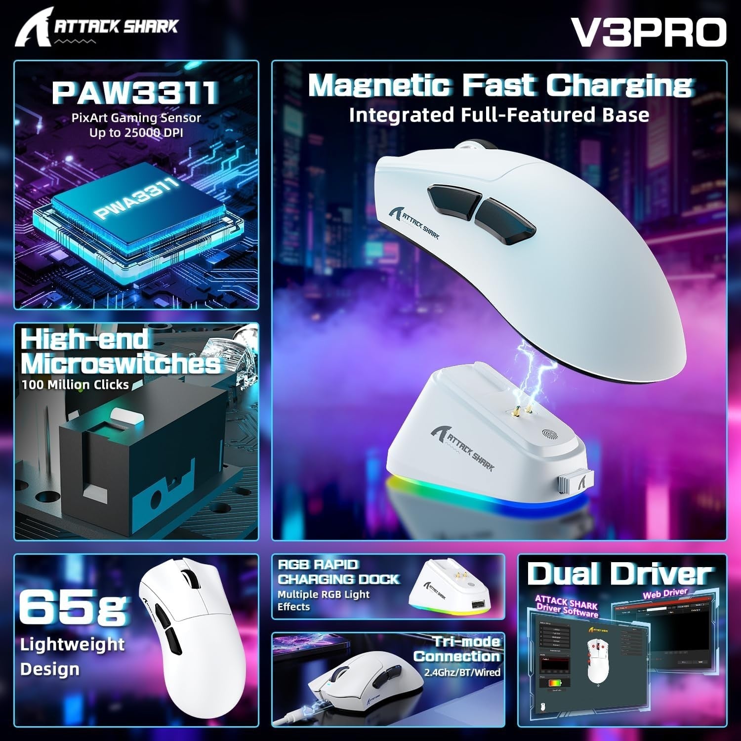 Wireless Gaming Mouse 25000 DPI 65g RGB Dock 100M Clicks White