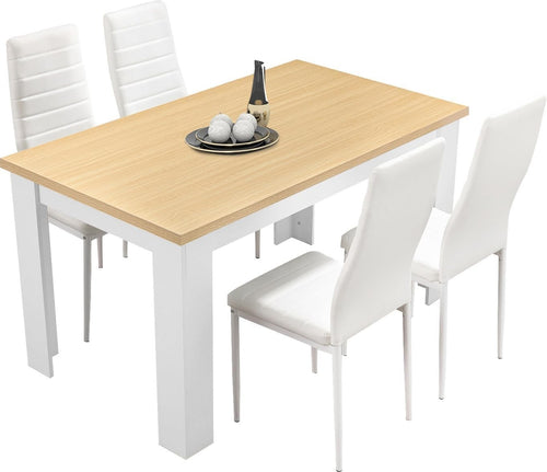 Modern Dining Table Set 4 White PU Leather Chairs 120x80x75cm Kitchen