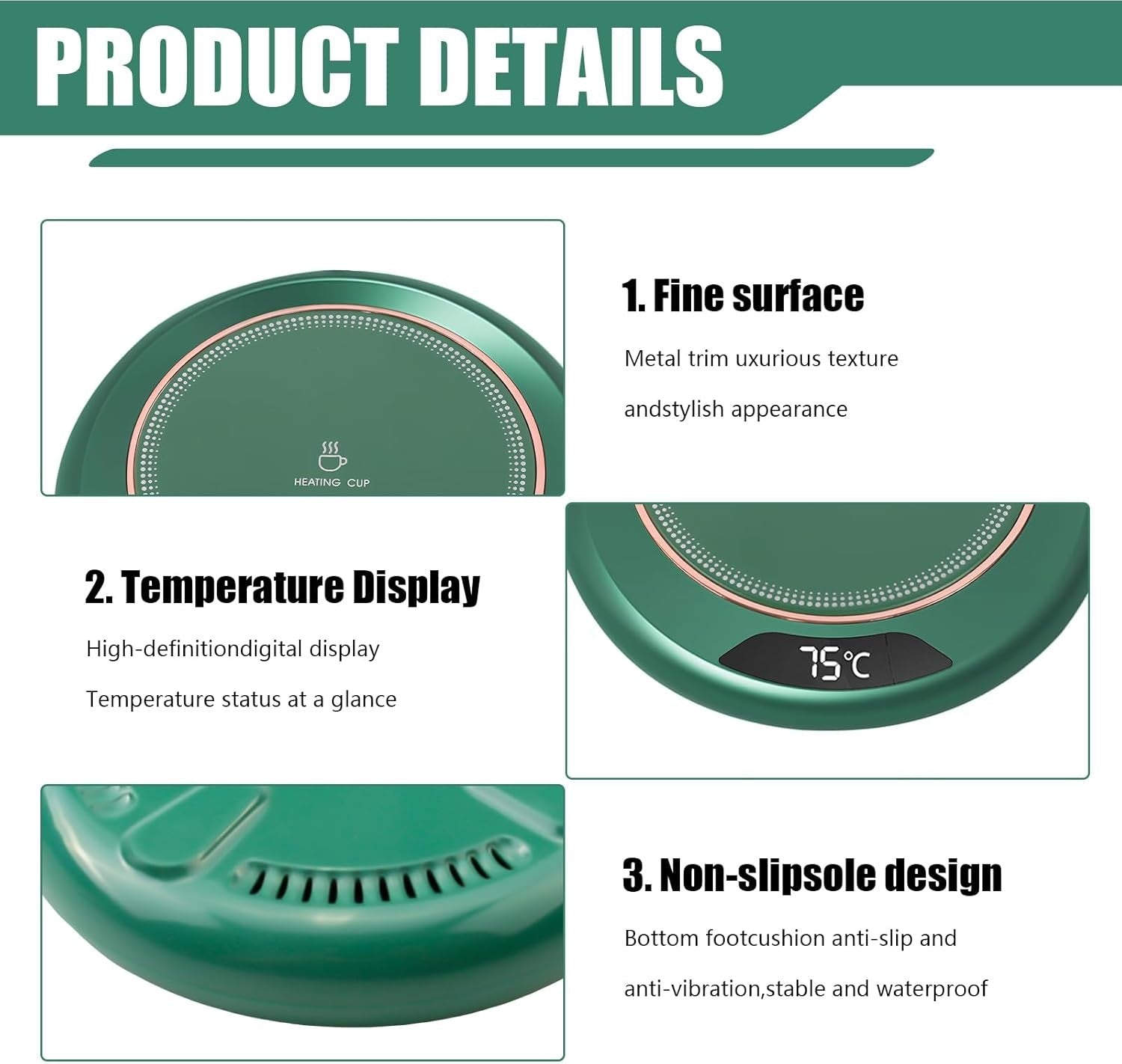 Green USB Coffee Mug Warmer 3 Temp 8H Auto Off Heated Desk Plate