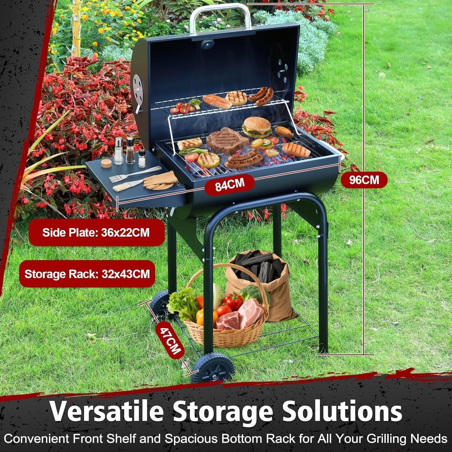 Charcoal BBQ Grill Smoker Outdoor | Large Portable Drum Barrel Barbecue