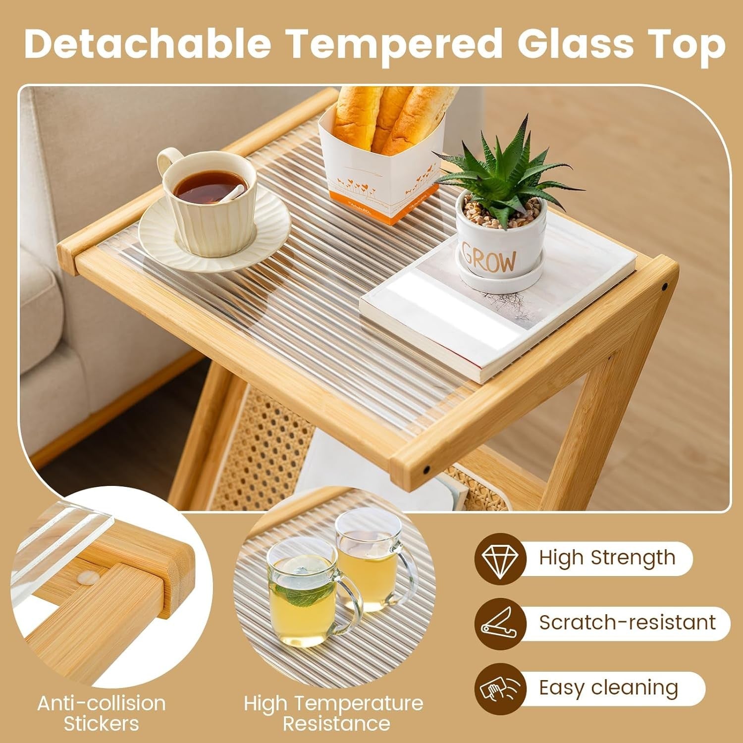 Slim Bamboo Side Table with Glass Top & Magazine Rack | 2-Tier Bedside Sofa Tabl