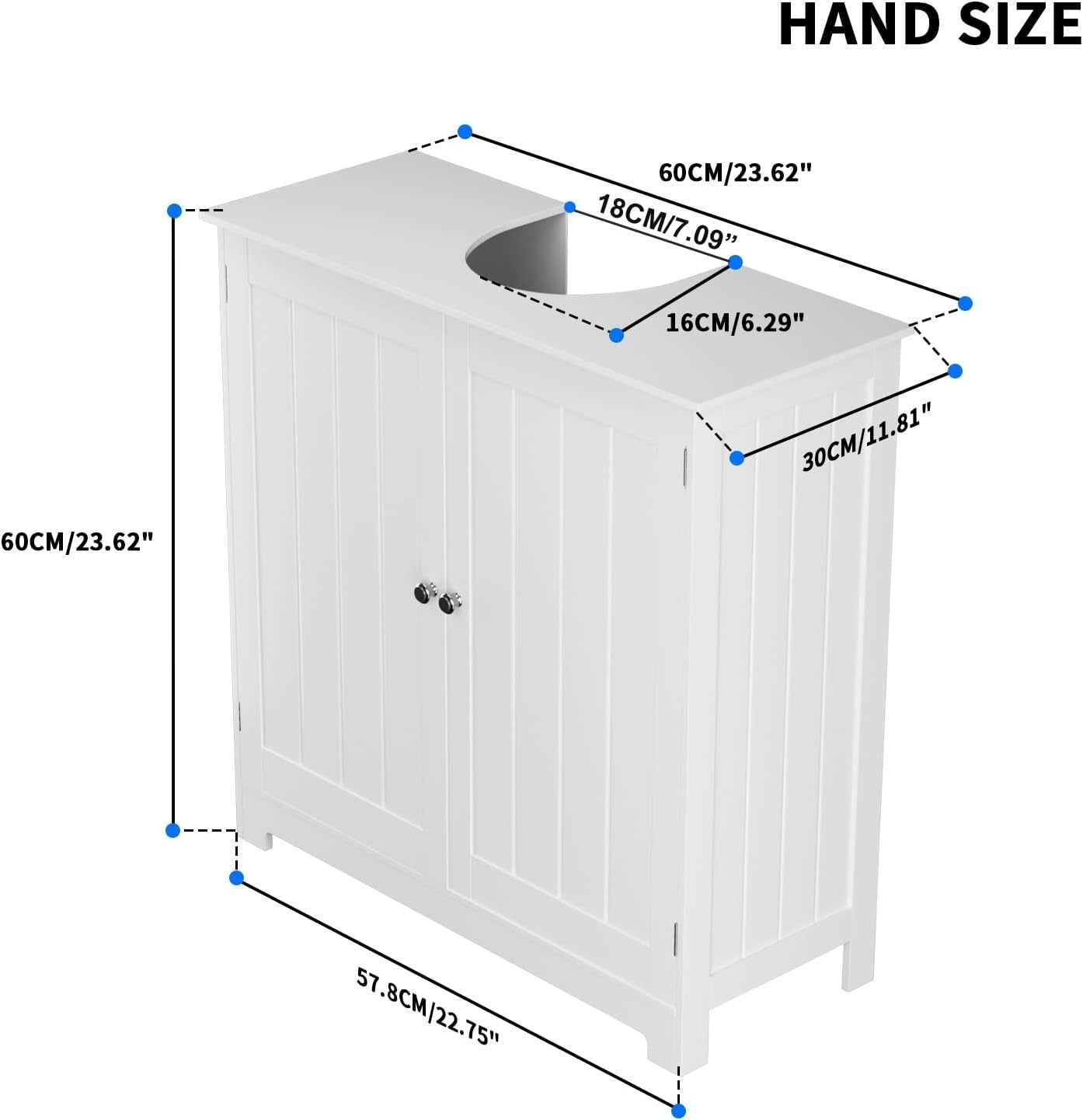White Under Sink Bathroom Cabinet 60x30x60cm Wooden Storage Cupboard