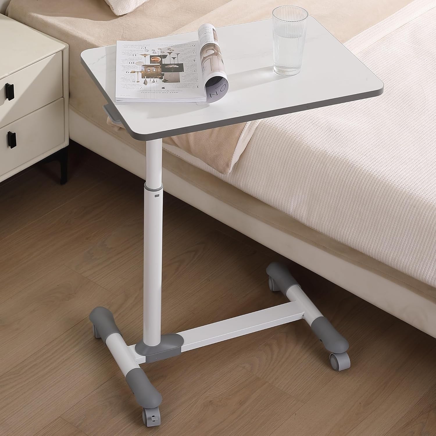 Marble White Overbed Table with Wheels Adjustable Hospital Bedside Laptop Desk