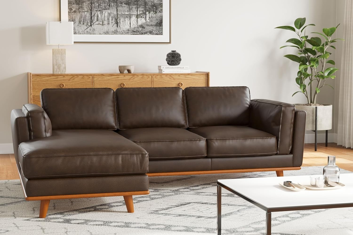 Italian Leather Corner Sofa Dark Chocolate– Left Chaise, Solid Wood, 4 Seater
