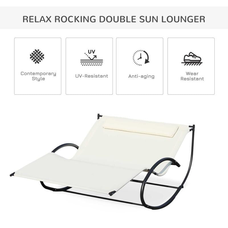 Double Hammock Sun Lounger Chair Garden Rocker with Pillow – Cream