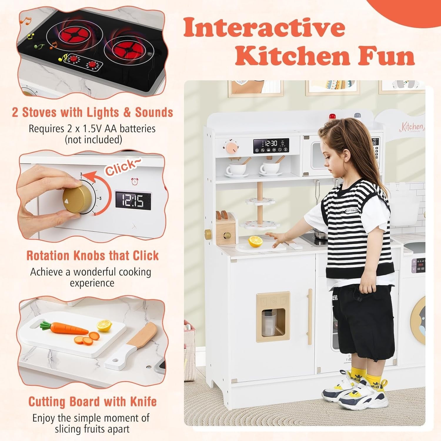Wooden Toddler Chef Kitchen Set Lights Sounds Ice Maker Toy White