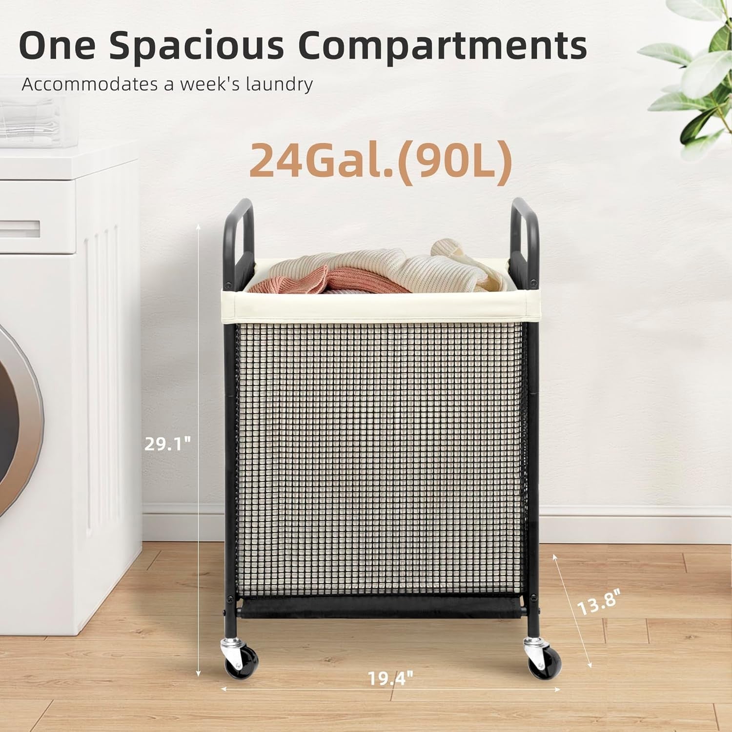90L Rolling Laundry Hamper with Wheels | Removable Liner | Beige Laundry Cart