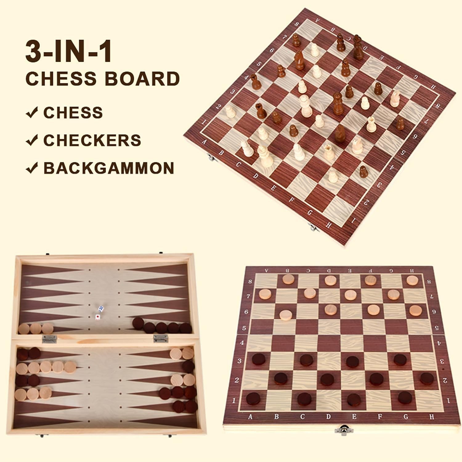 3 in 1 Wooden Chess Checkers Backgammon Set Folding Travel Board Game