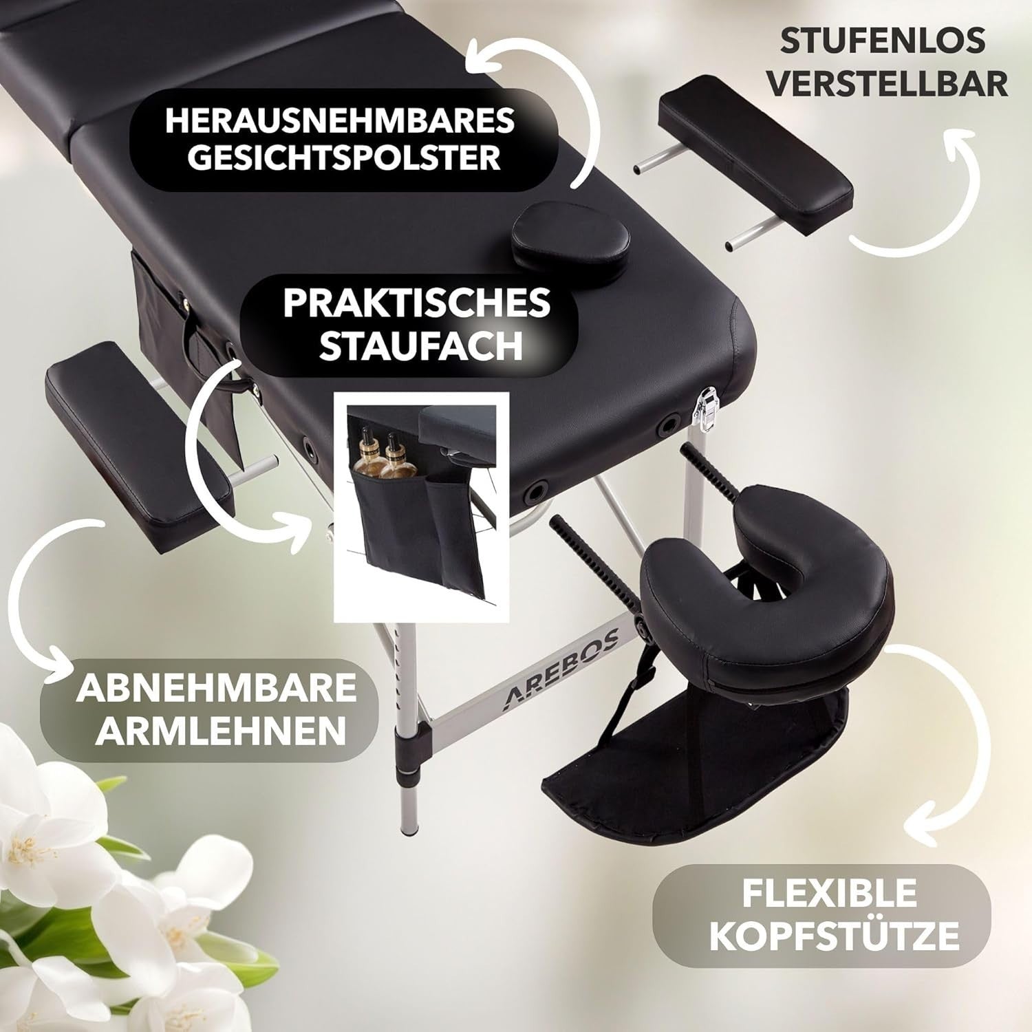 Arebos Portable Foldable Massage Table 3-Zone Height Adjustable Bed Black 60cm