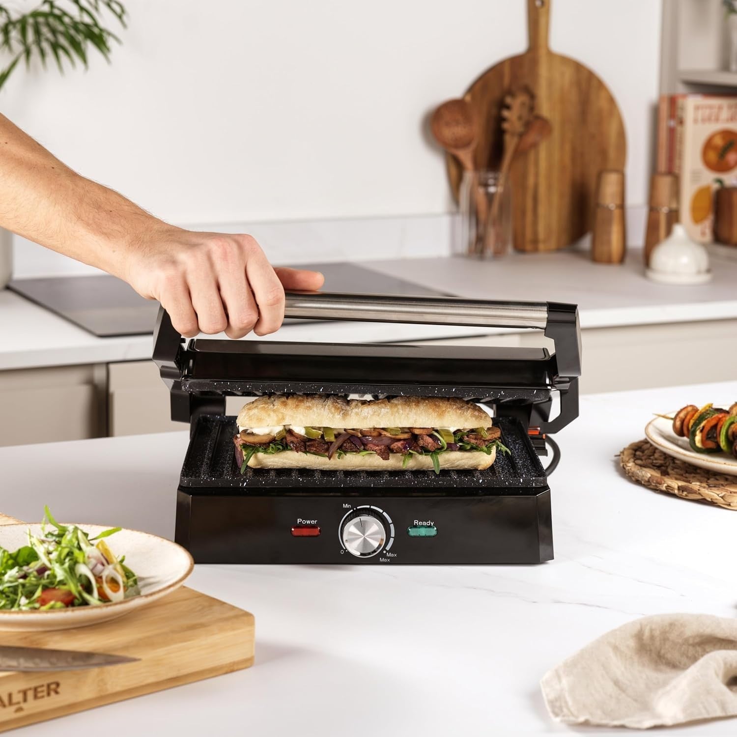 2000W Health Grill & Panini Maker Non-Stick Plates 31.9x34.6cm