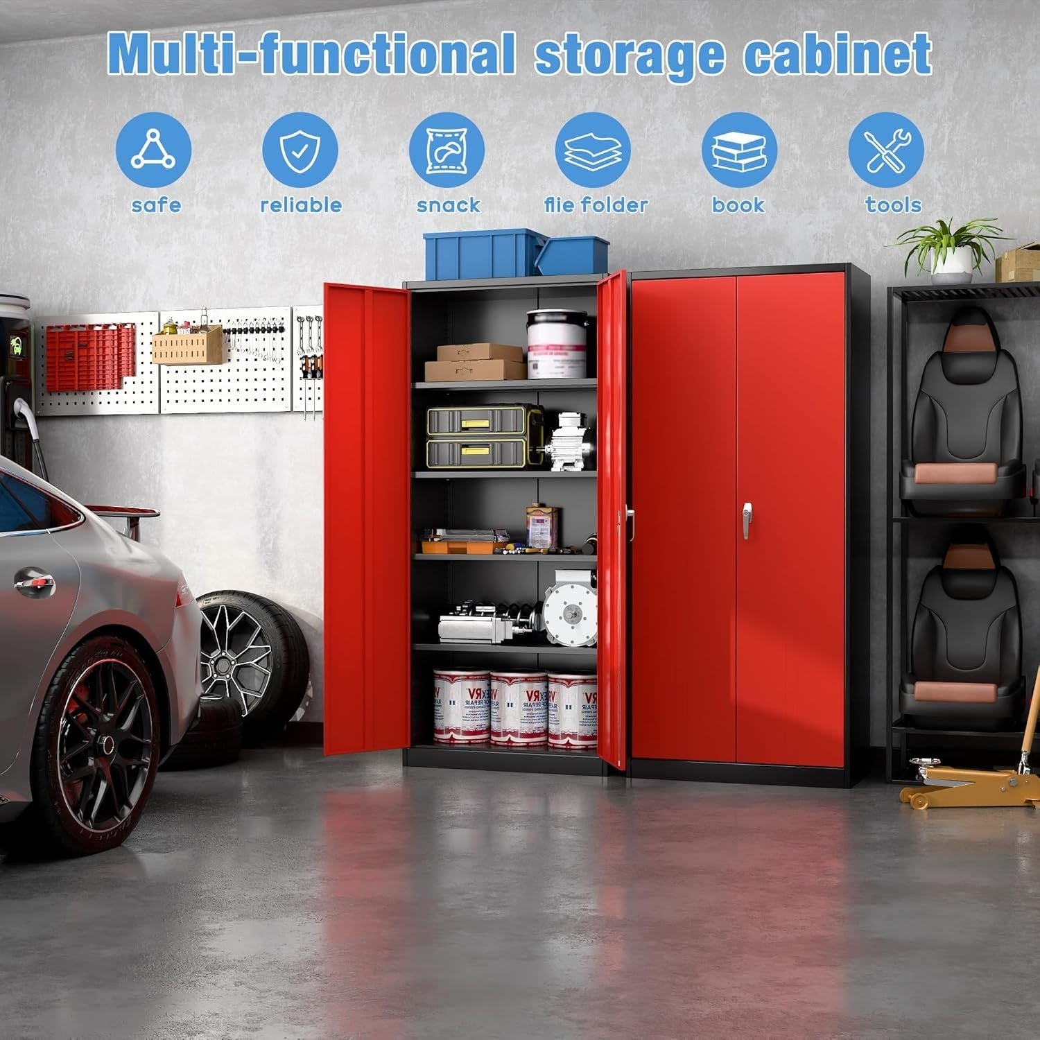 Black Red Metal Storage Cabinet 180cm Lock & Adjustable Shelves – Tall Cupboard