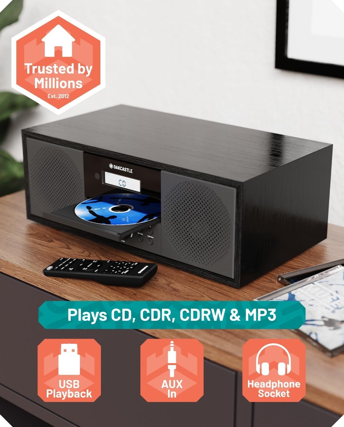 60W Stereo DAB+ Bluetooth CD Player Hi‑Fi System with Dual Alarm