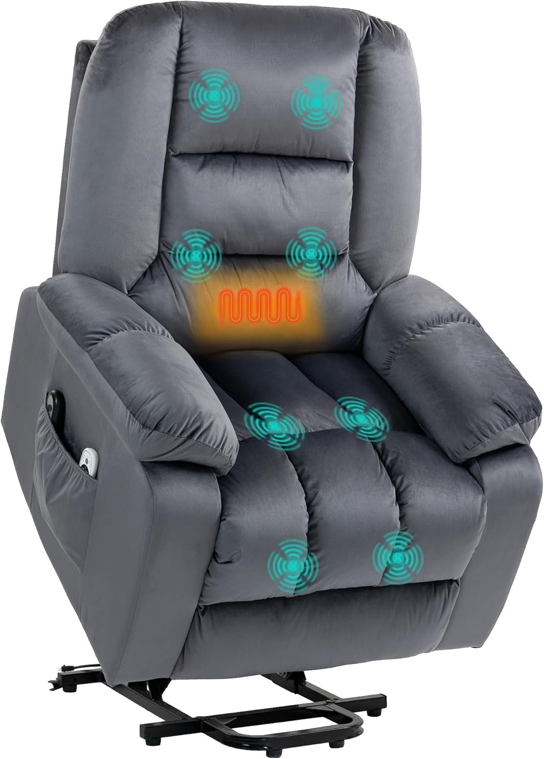 Velvet Lift Recliner Chair Massage Heat Riser Armchair for Elderly Grey