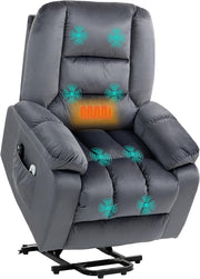 Velvet Lift Recliner Chair Massage Heat Riser Armchair for Elderly Grey